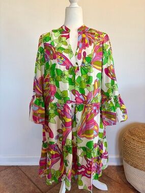 Trina Turk 100% Silk Tiered Dress XL | Vibrant Pink Green Print
